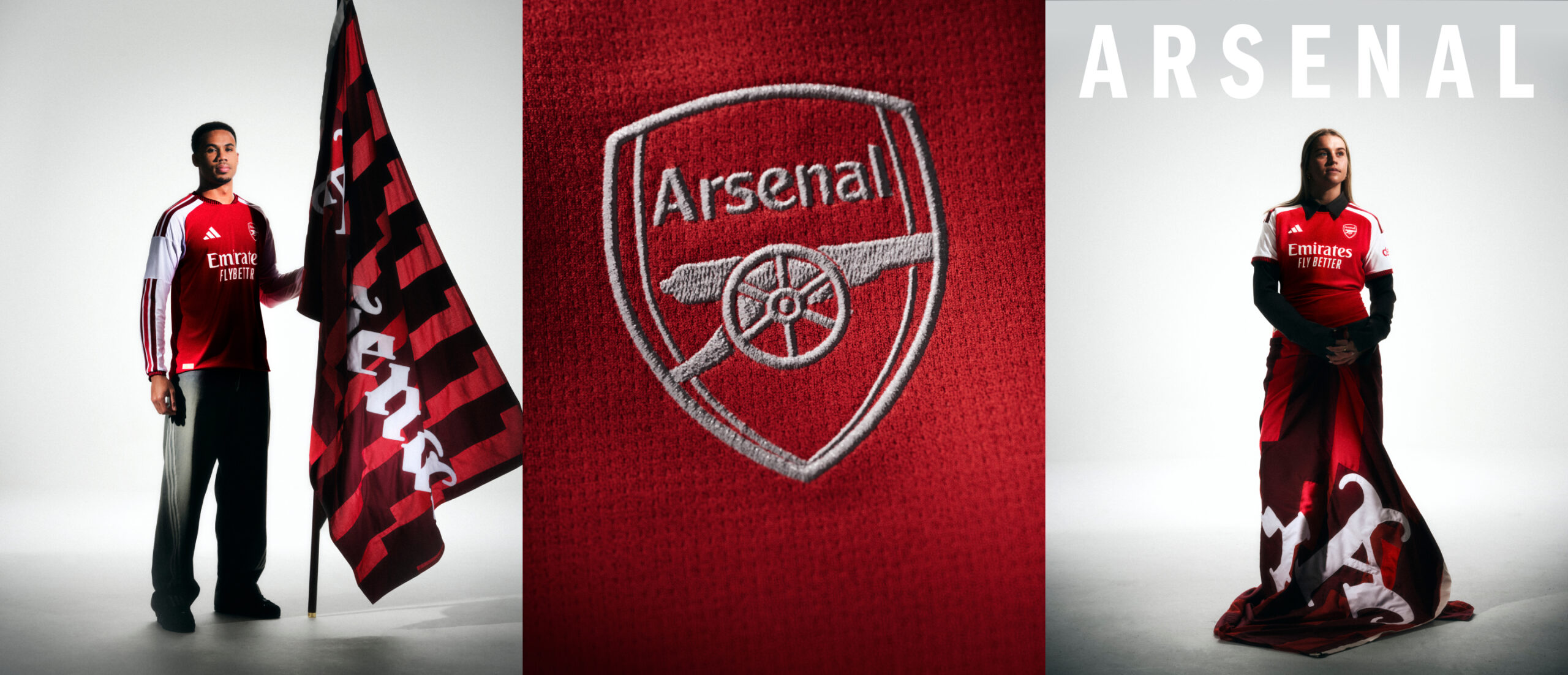 Visual featuring Arsenal players wearing the new Arsenal 26/27 Home Kit