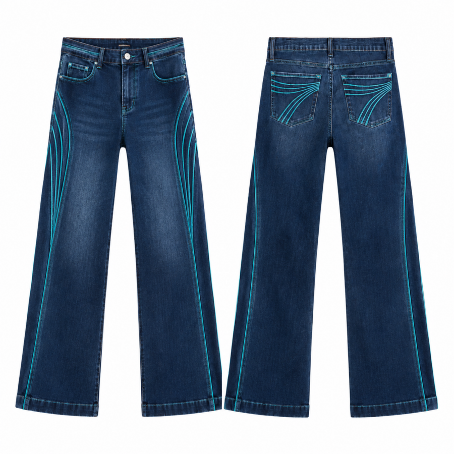Teal Wave Embroidered Wide-Leg Jeans in Dark Indigo