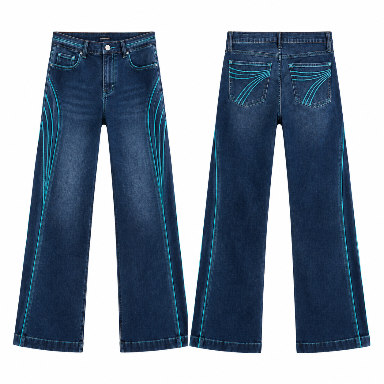 Teal Wave Embroidered Wide-Leg Jeans in Dark Indigo