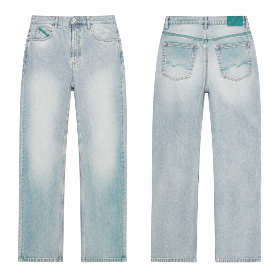 Teal Stitch Straight Jeans in Light Blue Wash