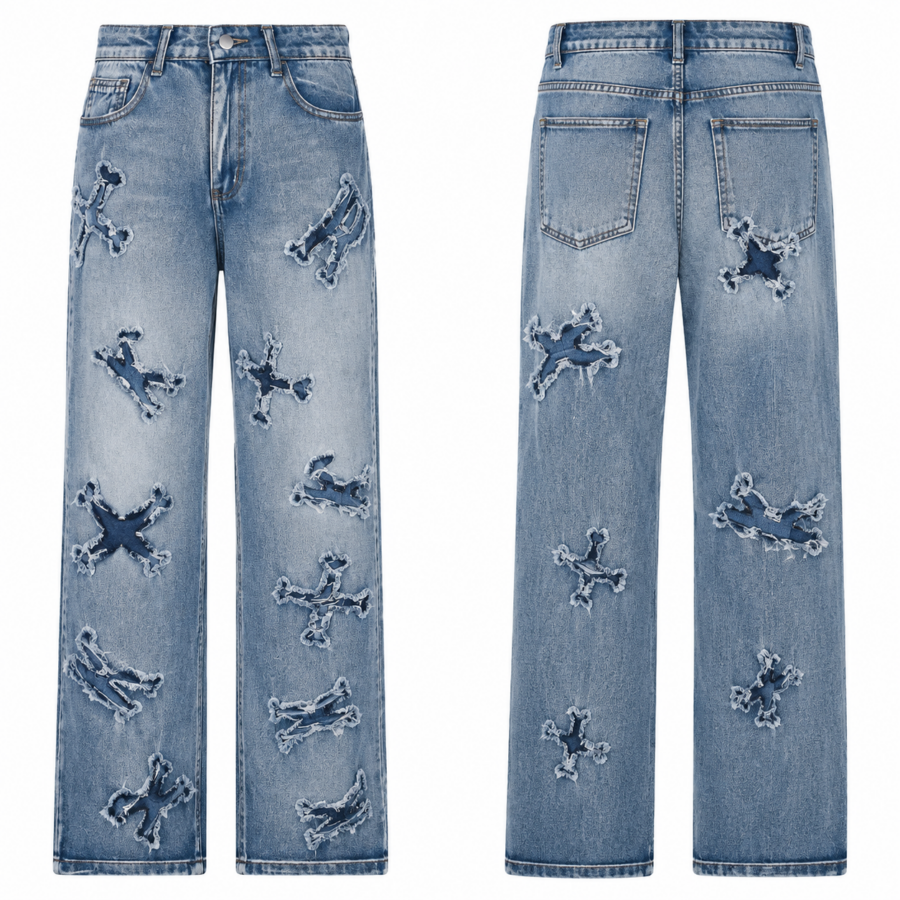 Frayed Star Patch Wide-Leg Jeans in Light Blue