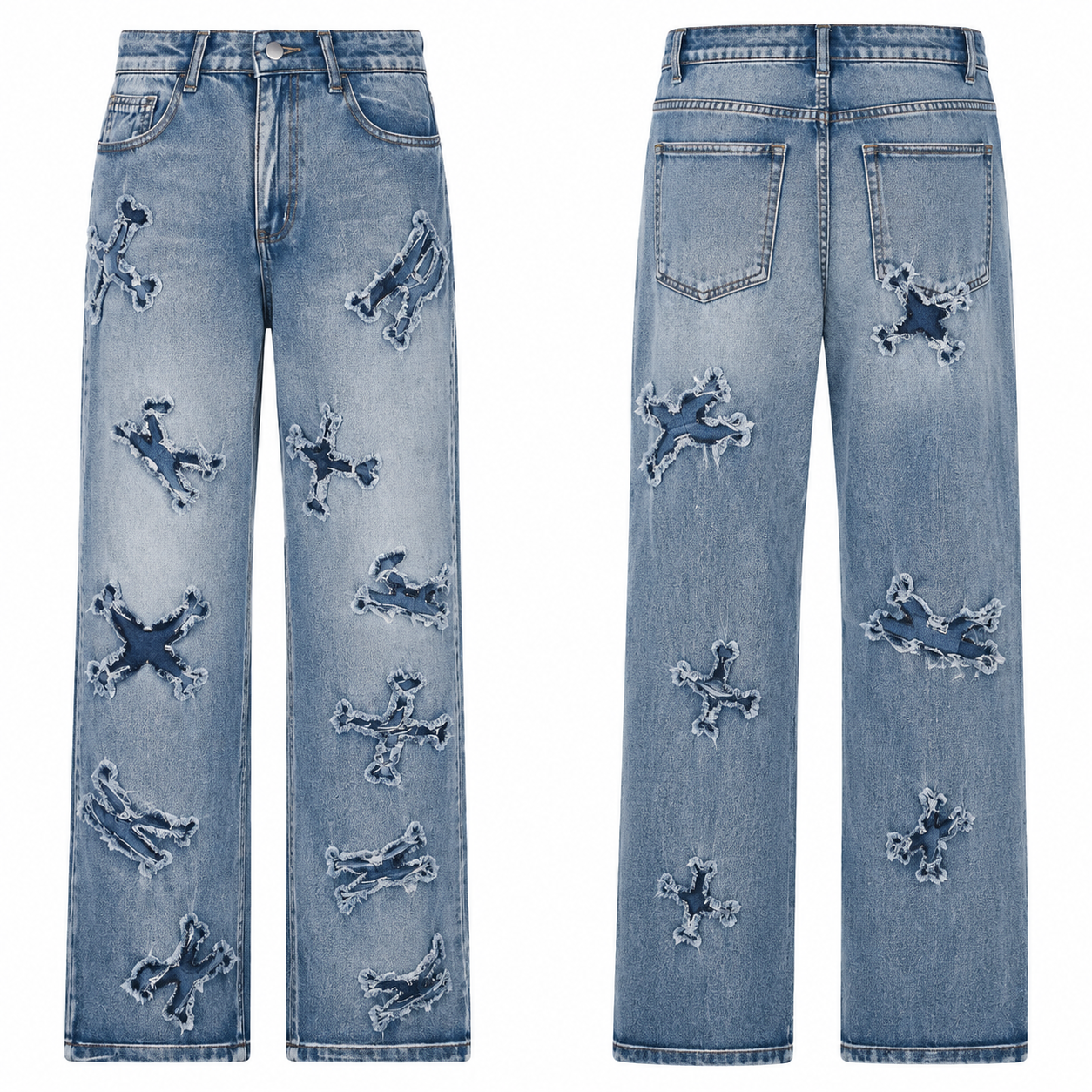 Frayed Star Patch Wide-Leg Jeans in Light Blue