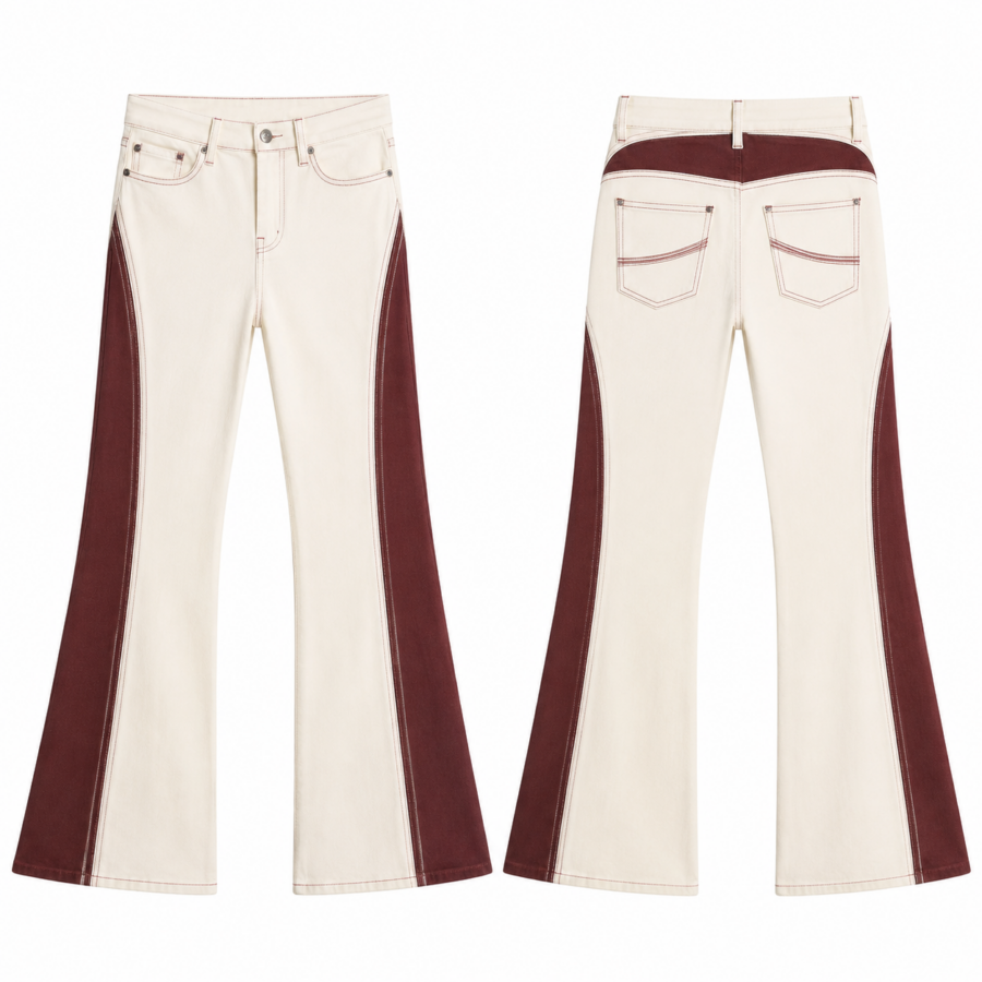 Cream High-Rise Flare Jeans with Burgundy Side Panels