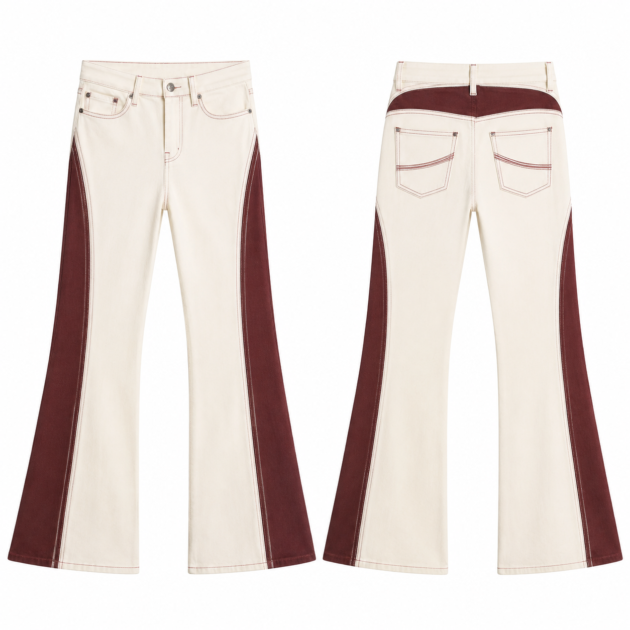 Cream High-Rise Flare Jeans with Burgundy Side Panels