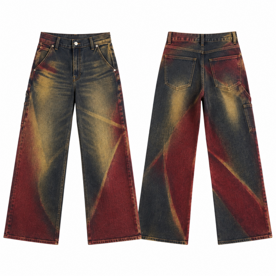 Spray-Dye Wide-Leg Jeans in Mustard and Crimson
