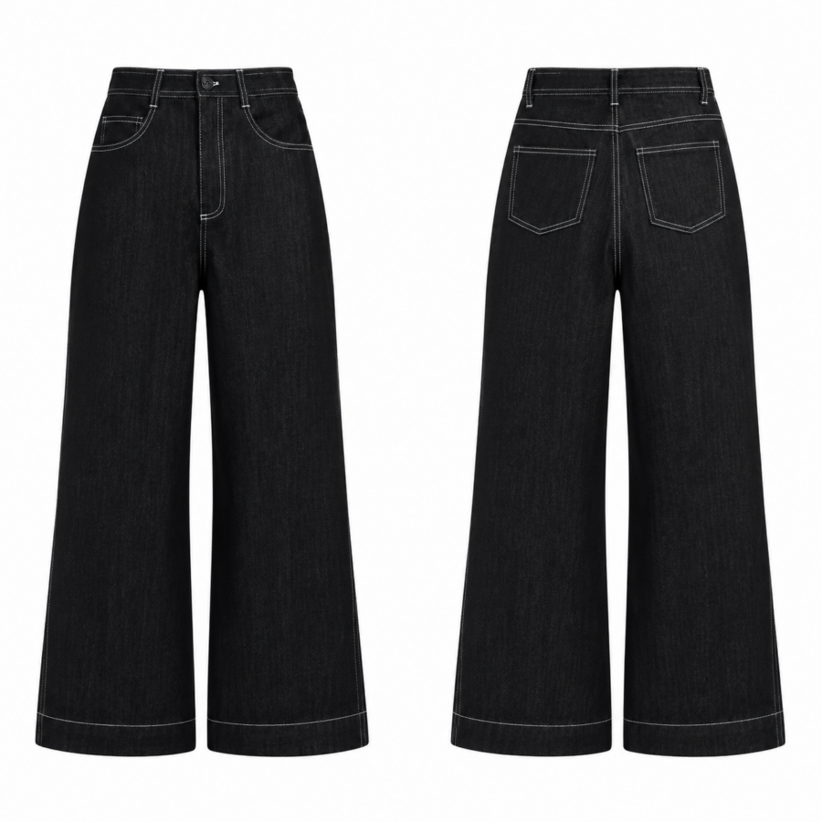 Black Wide-Leg Jeans with White Contrast Stitch