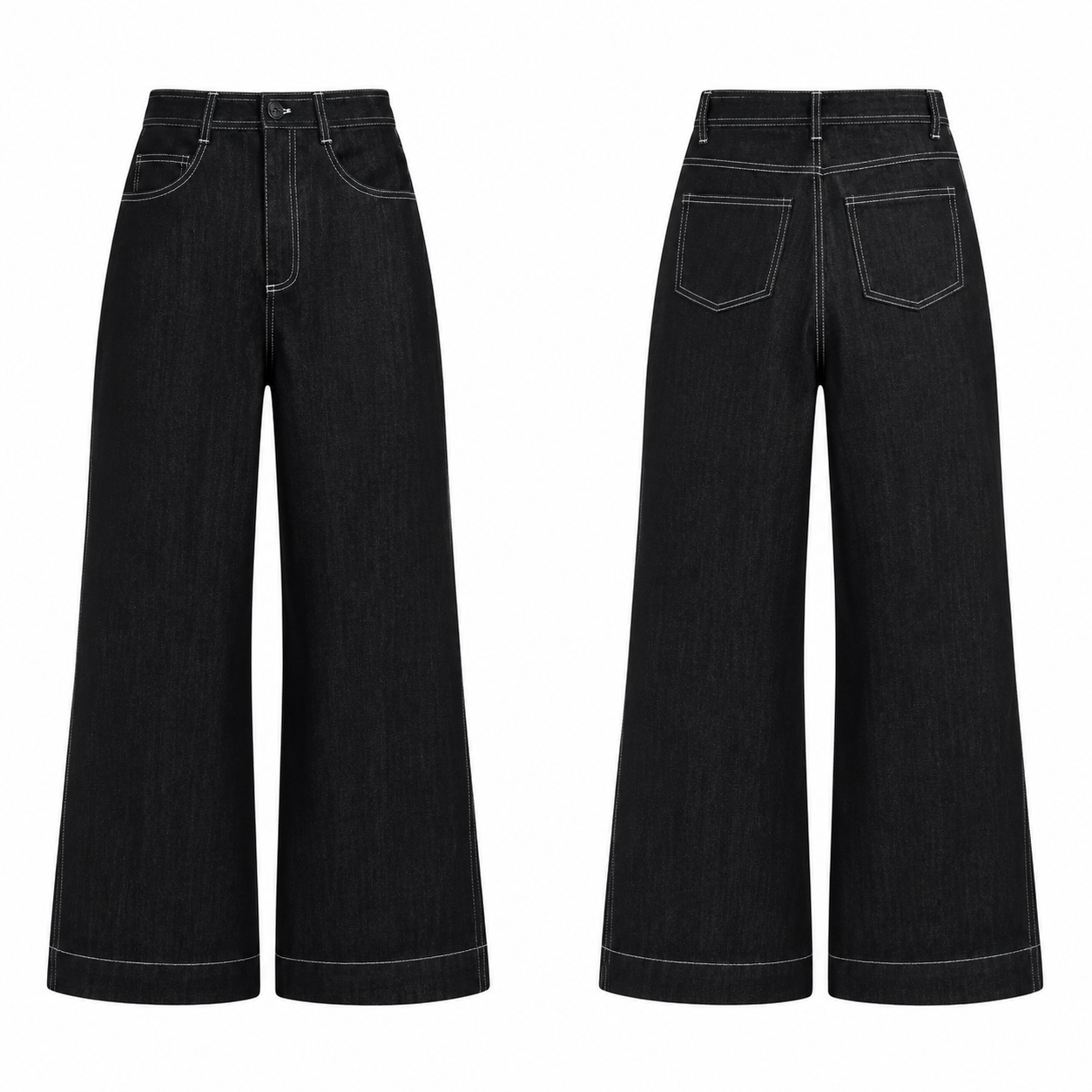 Black Wide-Leg Jeans with White Contrast Stitch