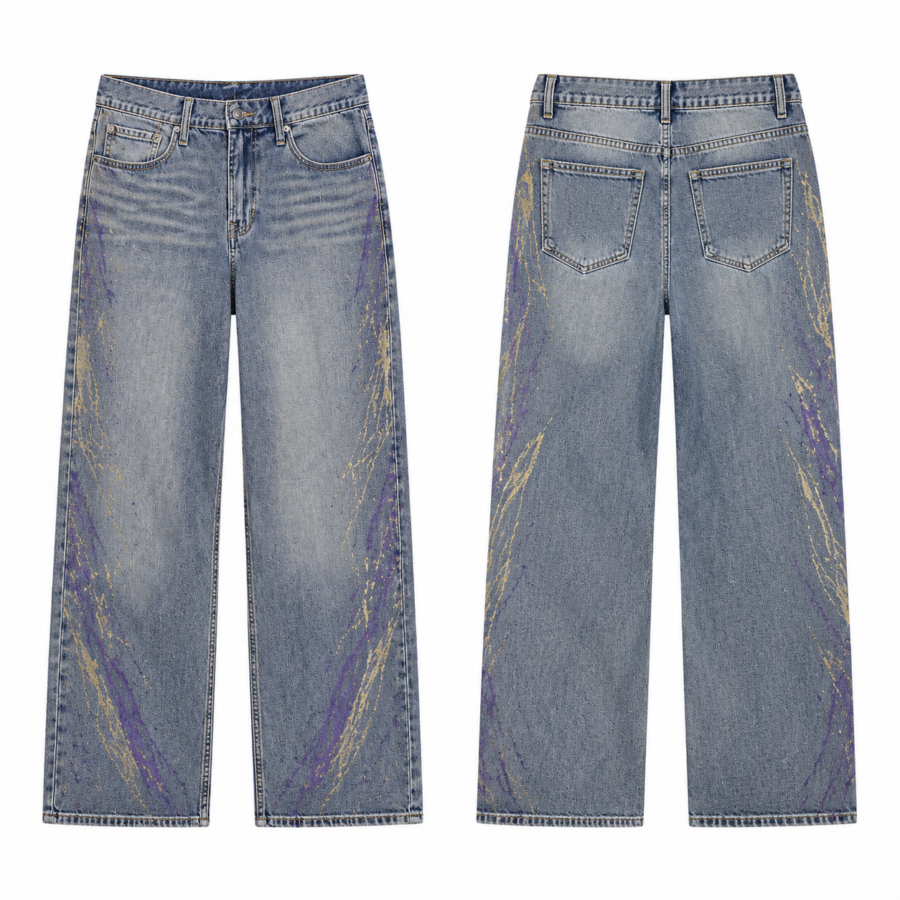 Medium-Wash Straight Jeans with Purple Gold Brushstrokes