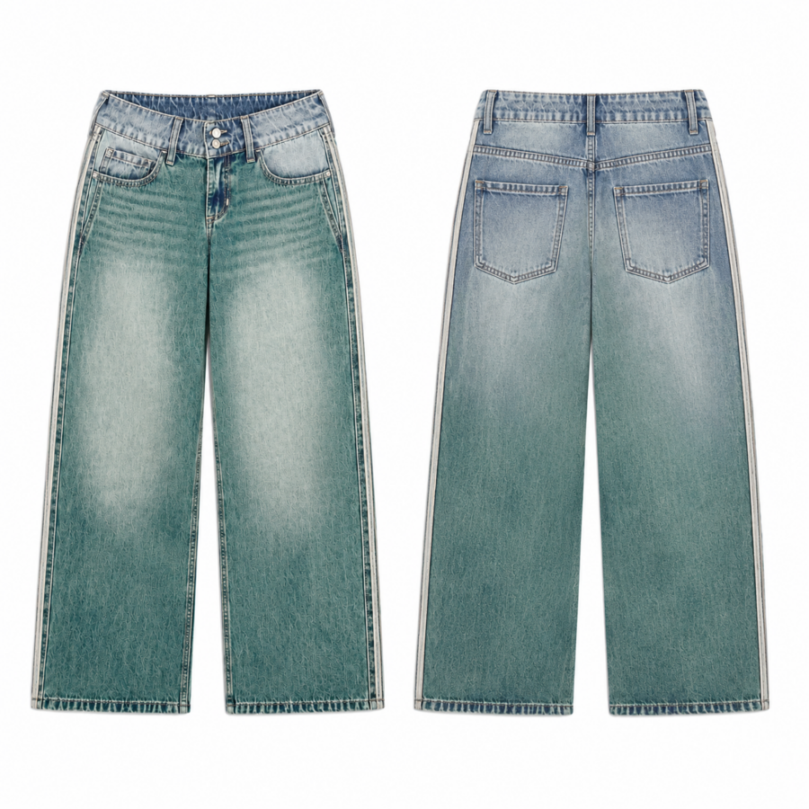 Teal Vintage-Wash Wide-Leg Jeans with Cream Side Stripes
