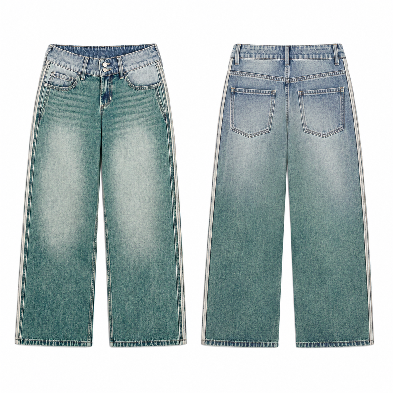 Teal Vintage-Wash Wide-Leg Jeans with Cream Side Stripes
