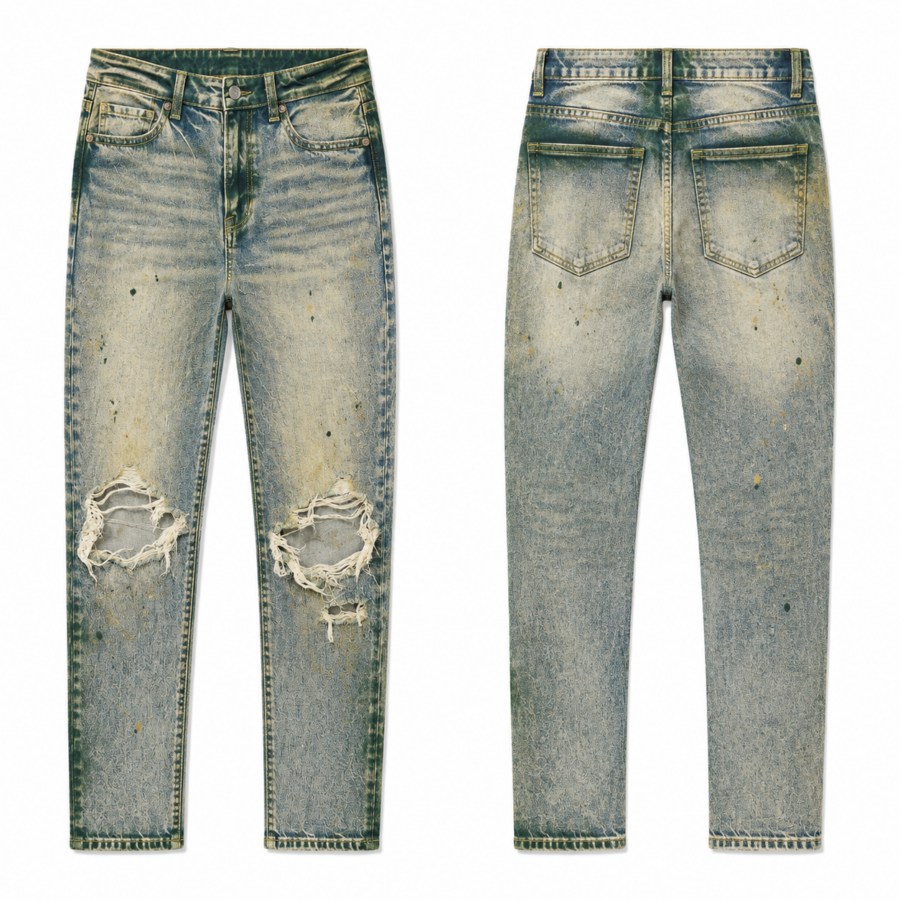 Mud-Wash Distressed Slim Jeans with Paint Splatter