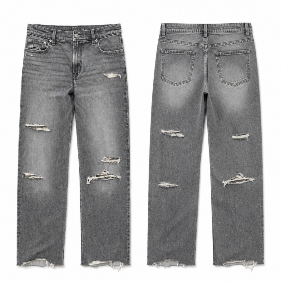 Faded Grey Distressed Straight Jeans with Raw Hem