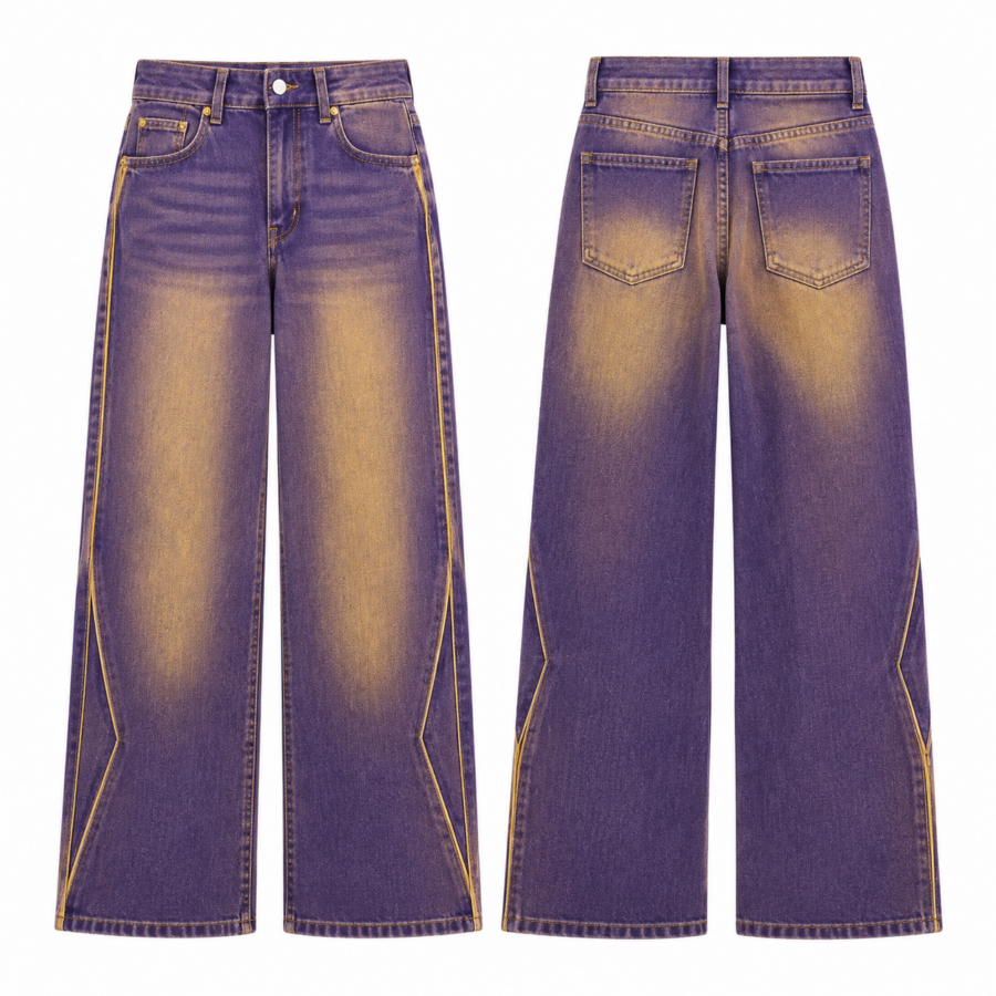 Purple Gold-Fade Wide-Leg Jeans with Zigzag Piping