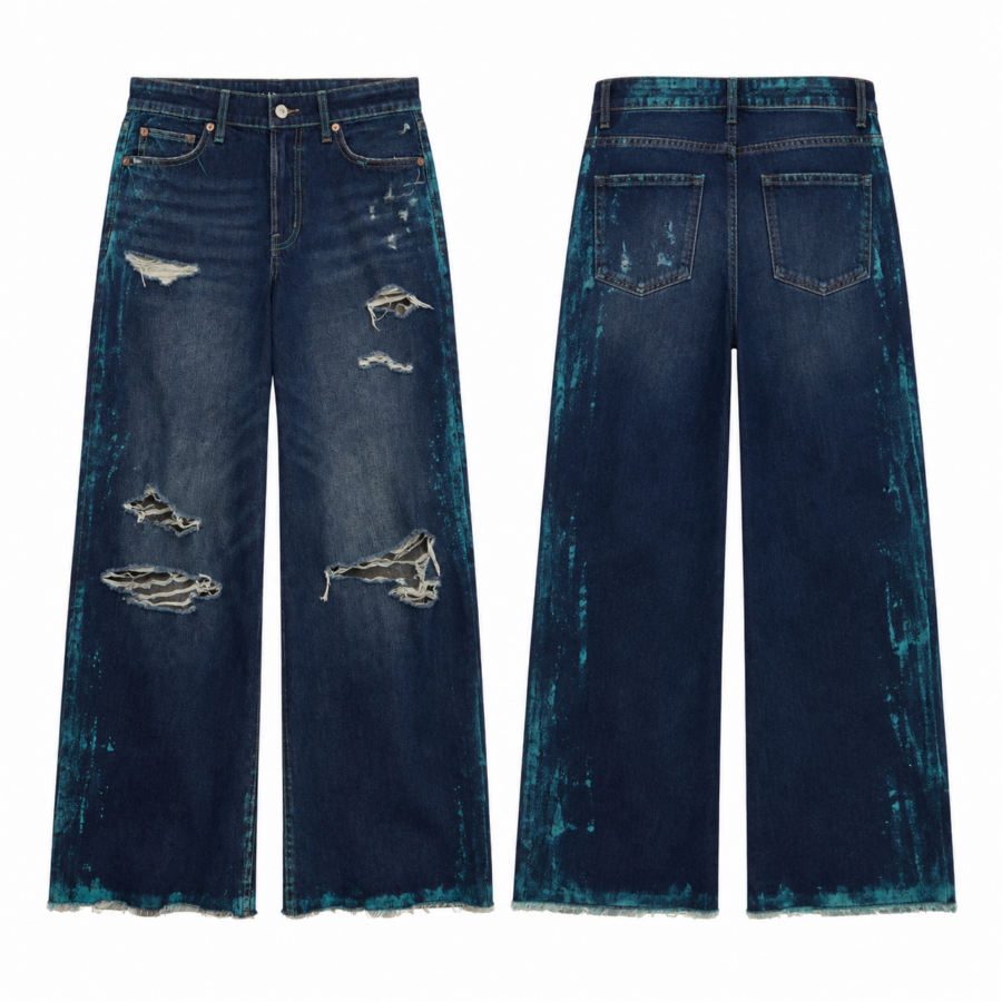 Dark Wash Distressed Wide-Leg Jeans with Teal Accents