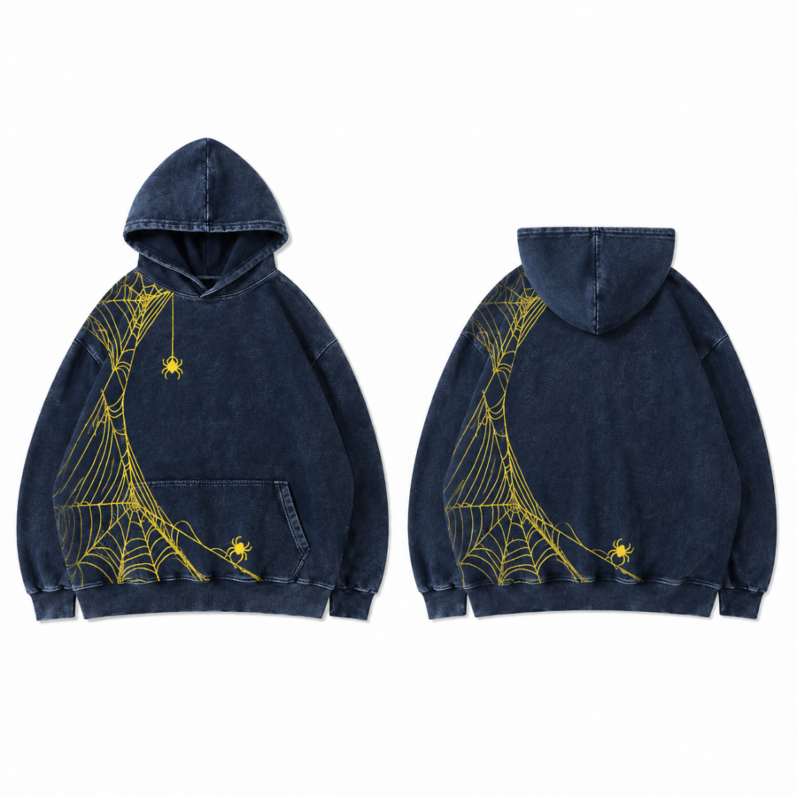 Acid-Wash Navy Hoodie with Yellow Spiderweb Print