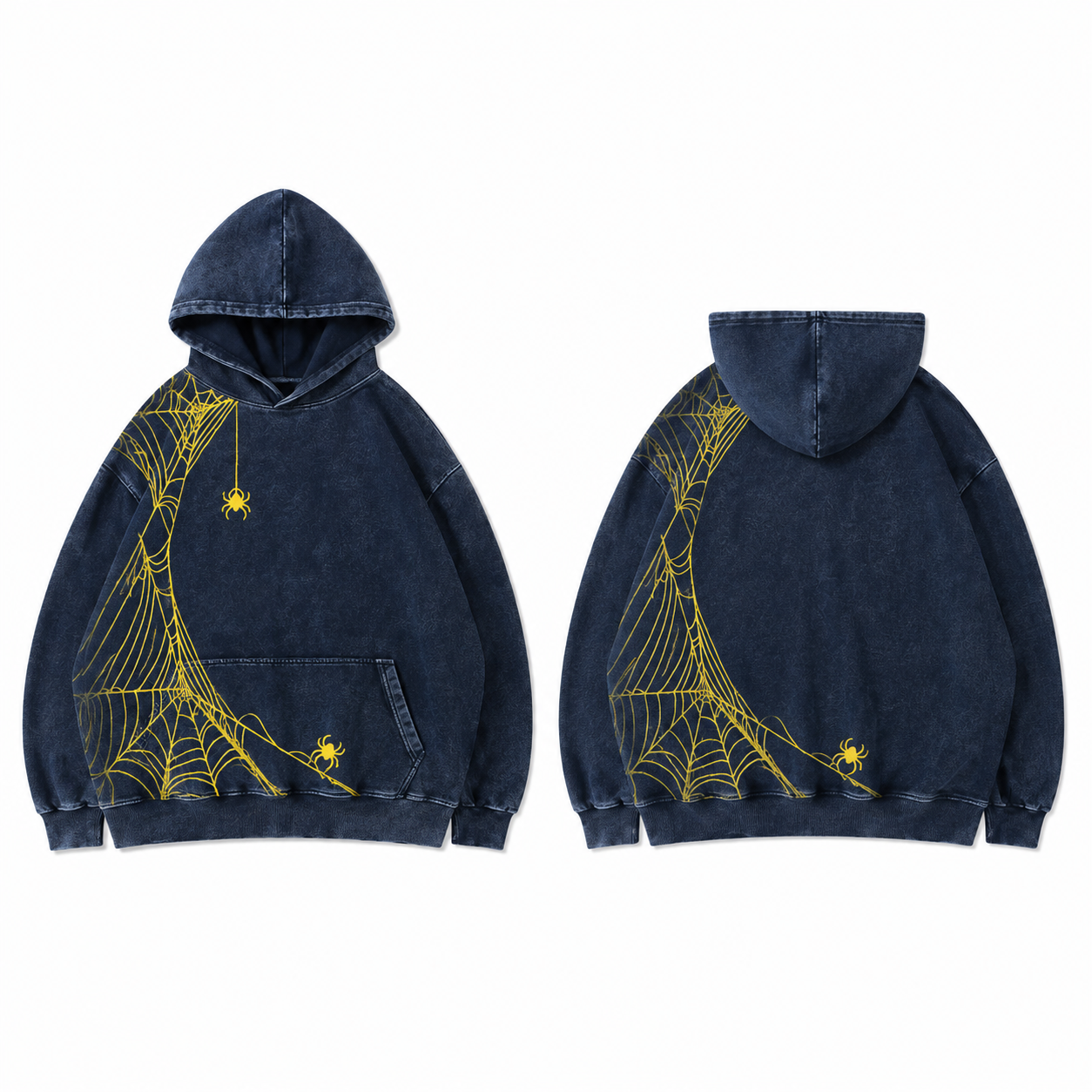 Acid-Wash Navy Hoodie with Yellow Spiderweb Print
