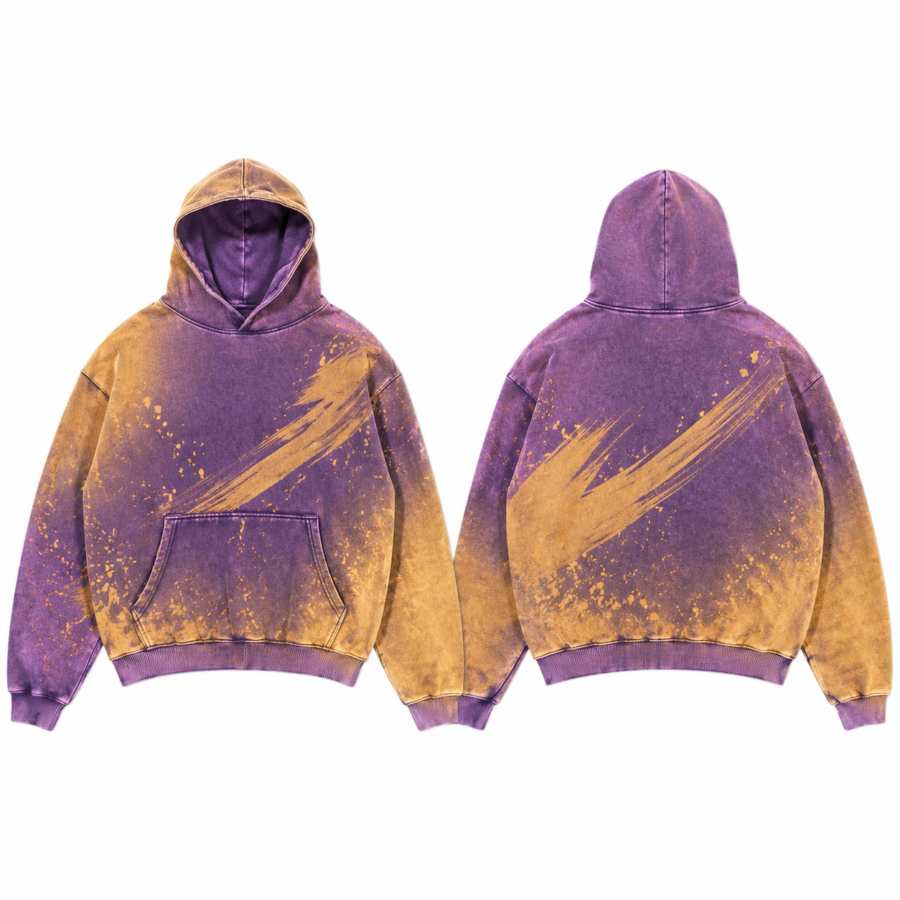 Acid-Wash Purple Hoodie with Mustard Brushstroke Print