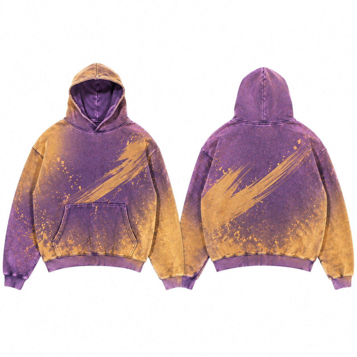 Acid-Wash Purple Hoodie with Mustard Brushstroke Print