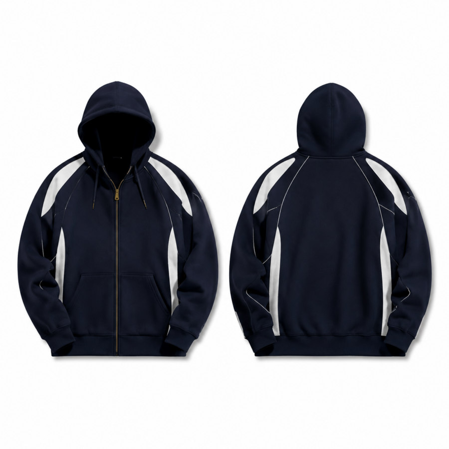 Navy and White Color-Block Zip Hoodie