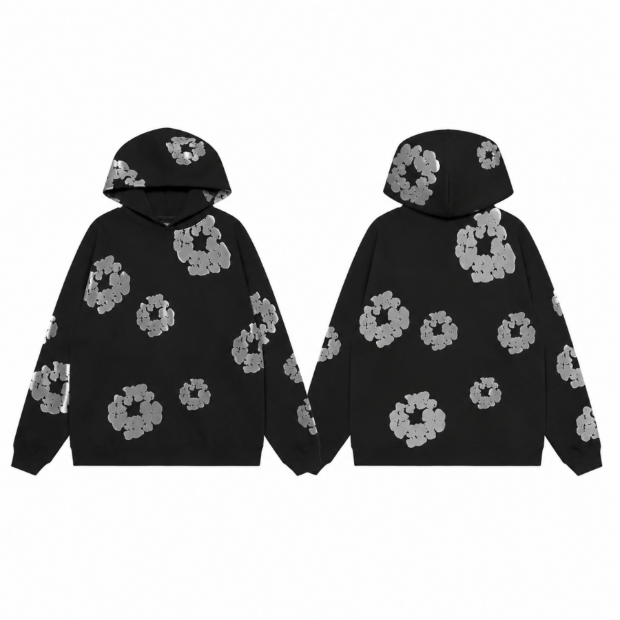 Black Oversized Hoodie with Metallic Silver Florals