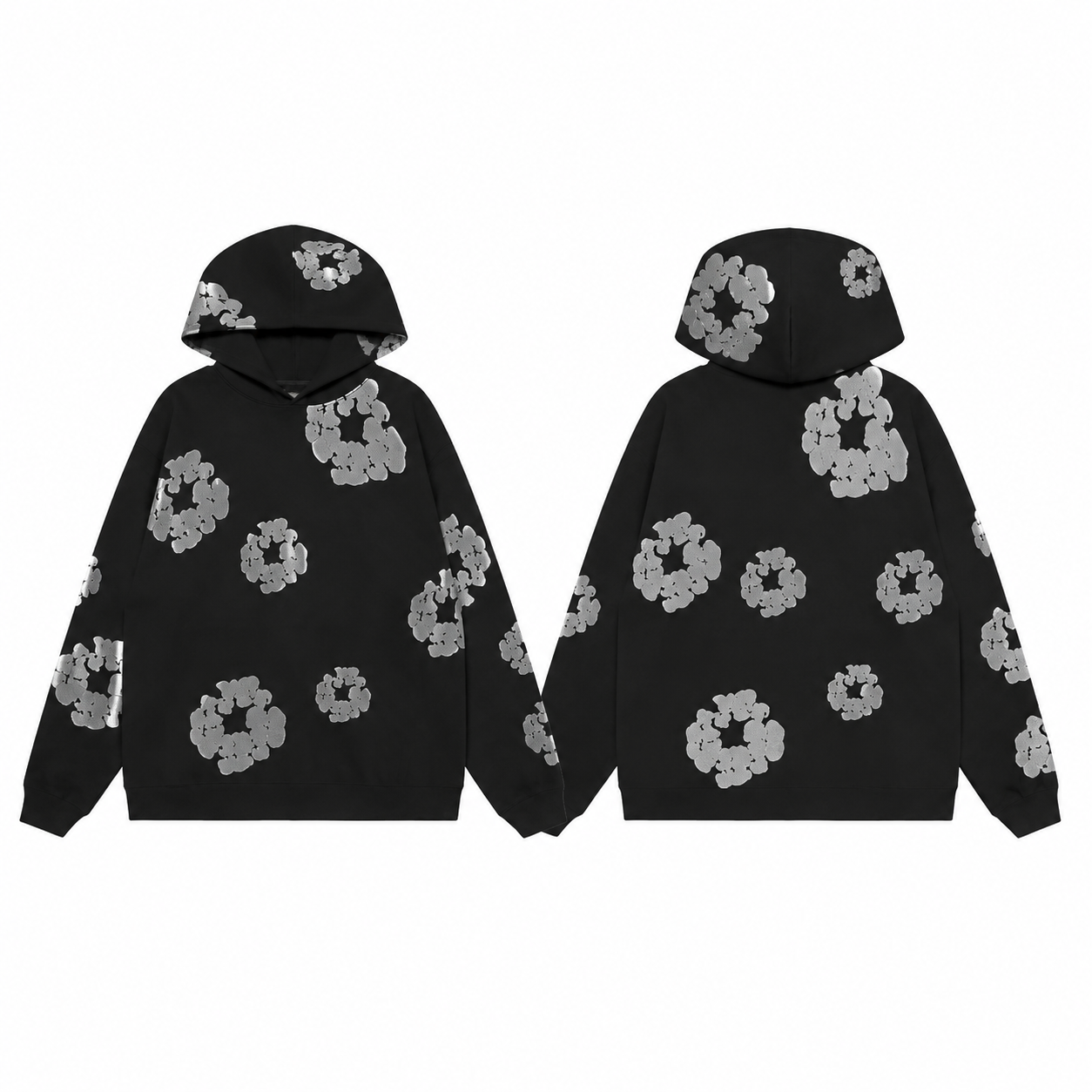 Black Oversized Hoodie with Metallic Silver Florals