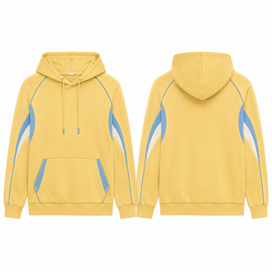 Pastel Yellow Color-Block Hoodie with Blue Panels