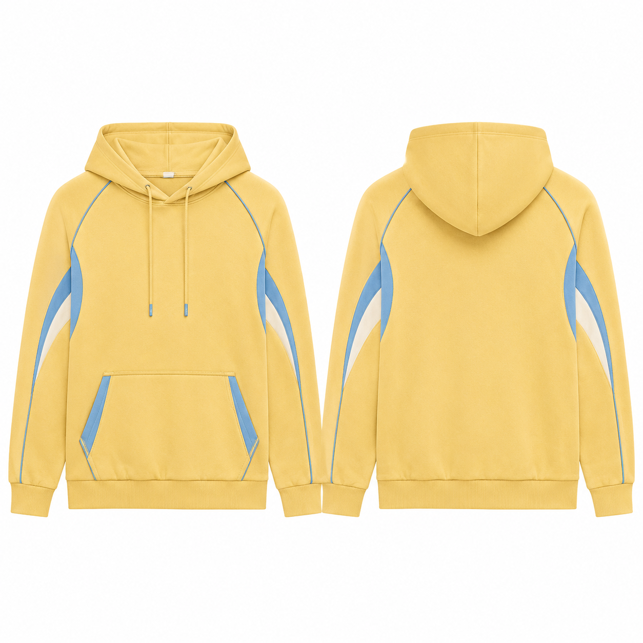 Pastel Yellow Color-Block Hoodie with Blue Panels