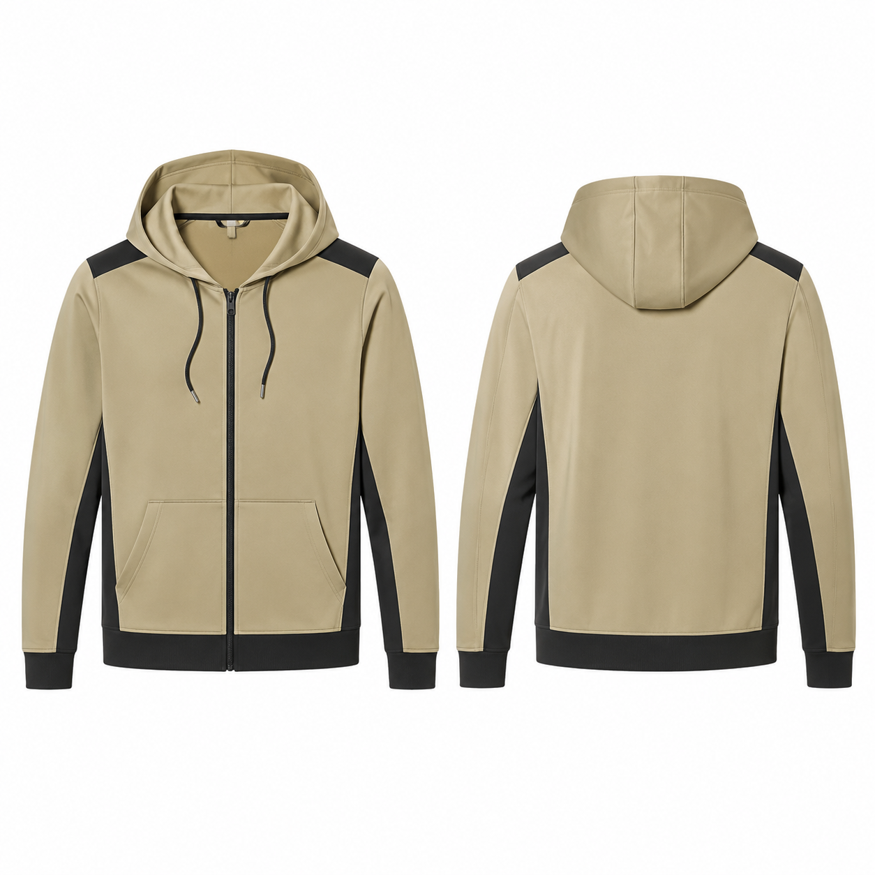 Khaki and Black Color-Block Zip Hoodie