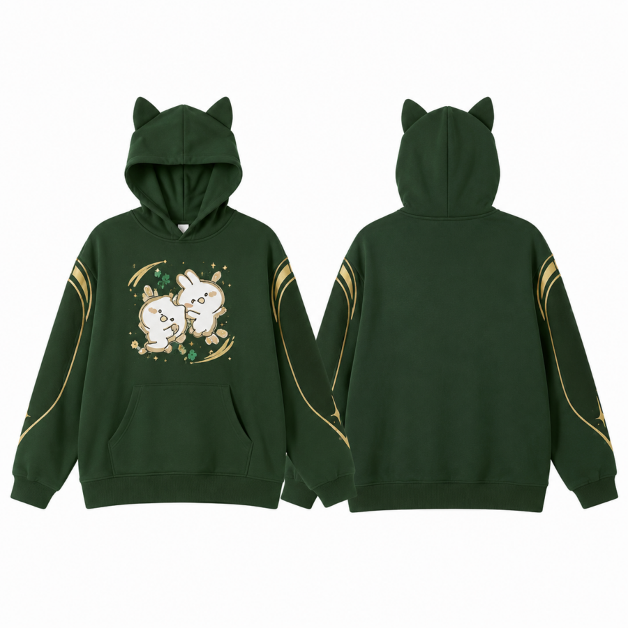 Forest Green Ear Hoodie with Bunny Duo Graphic