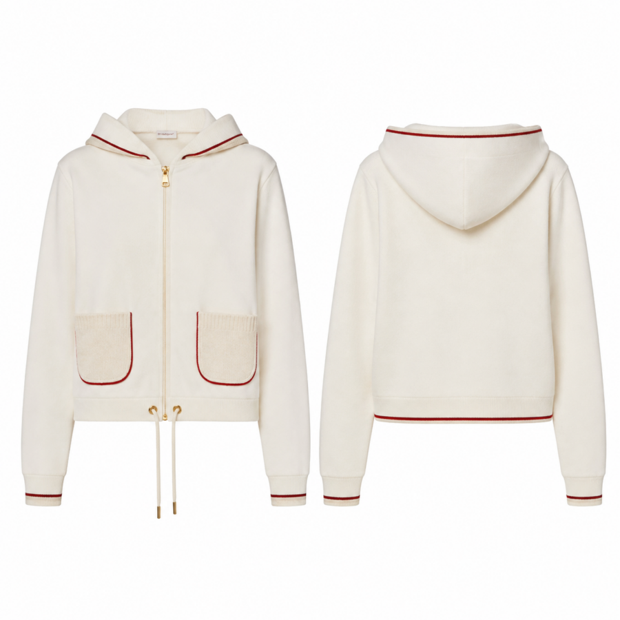 Ivory Knit Zip Hoodie with Red Piping