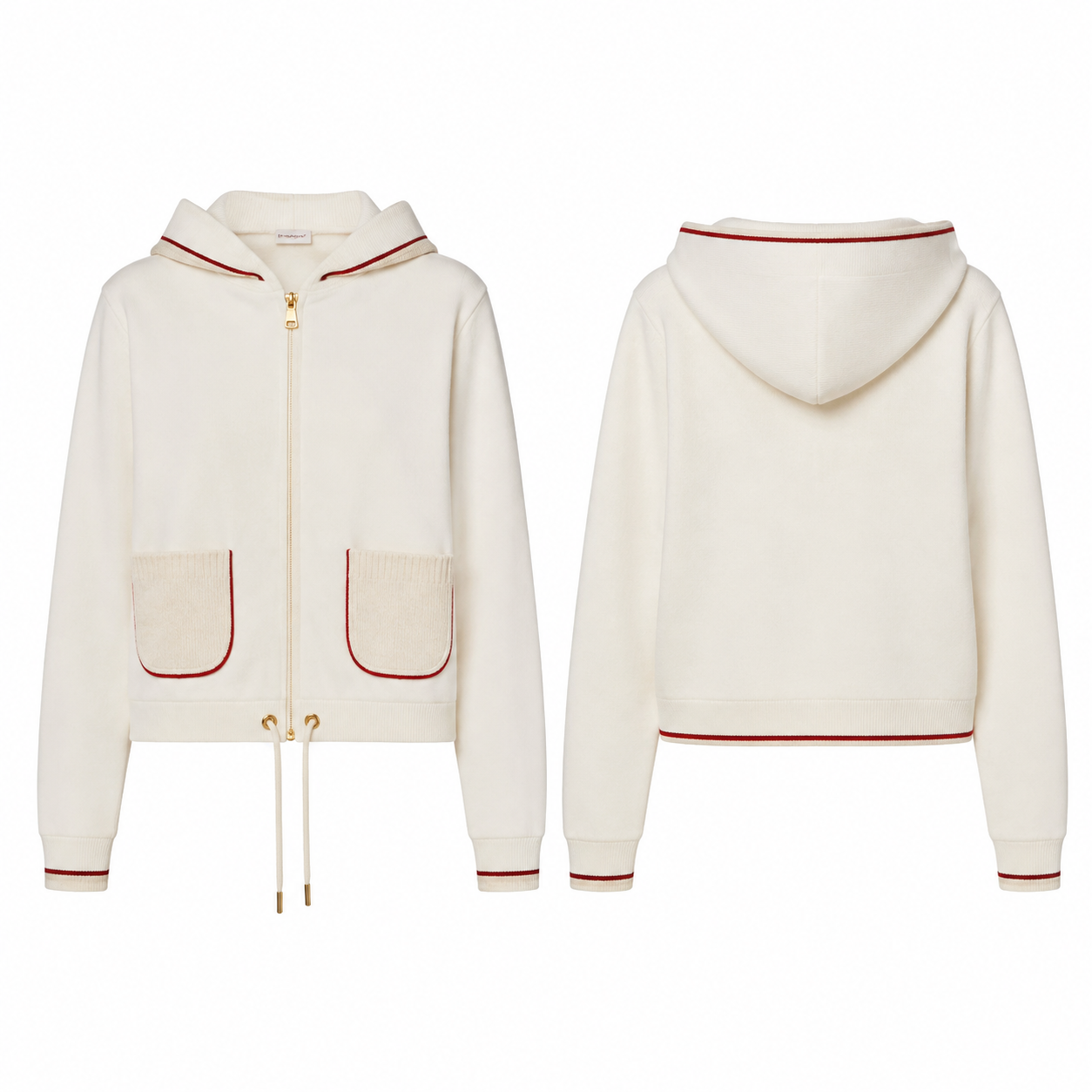 Ivory Knit Zip Hoodie with Red Piping