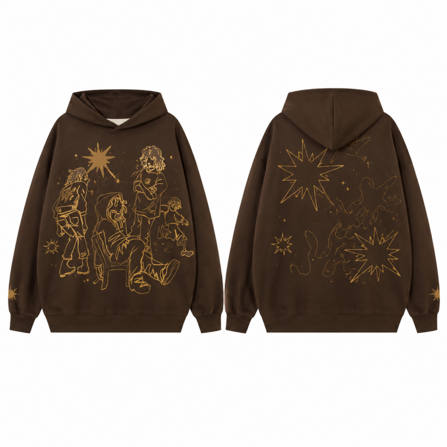 Chocolate Brown Hoodie with Gold Line-Art Figures