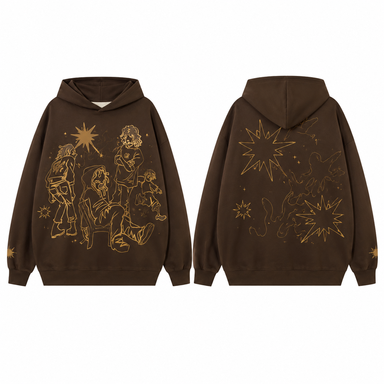 Chocolate Brown Hoodie with Gold Line-Art Figures