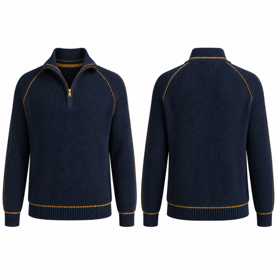 Navy Rib Half-Zip Sweater with Gold Contrast Piping