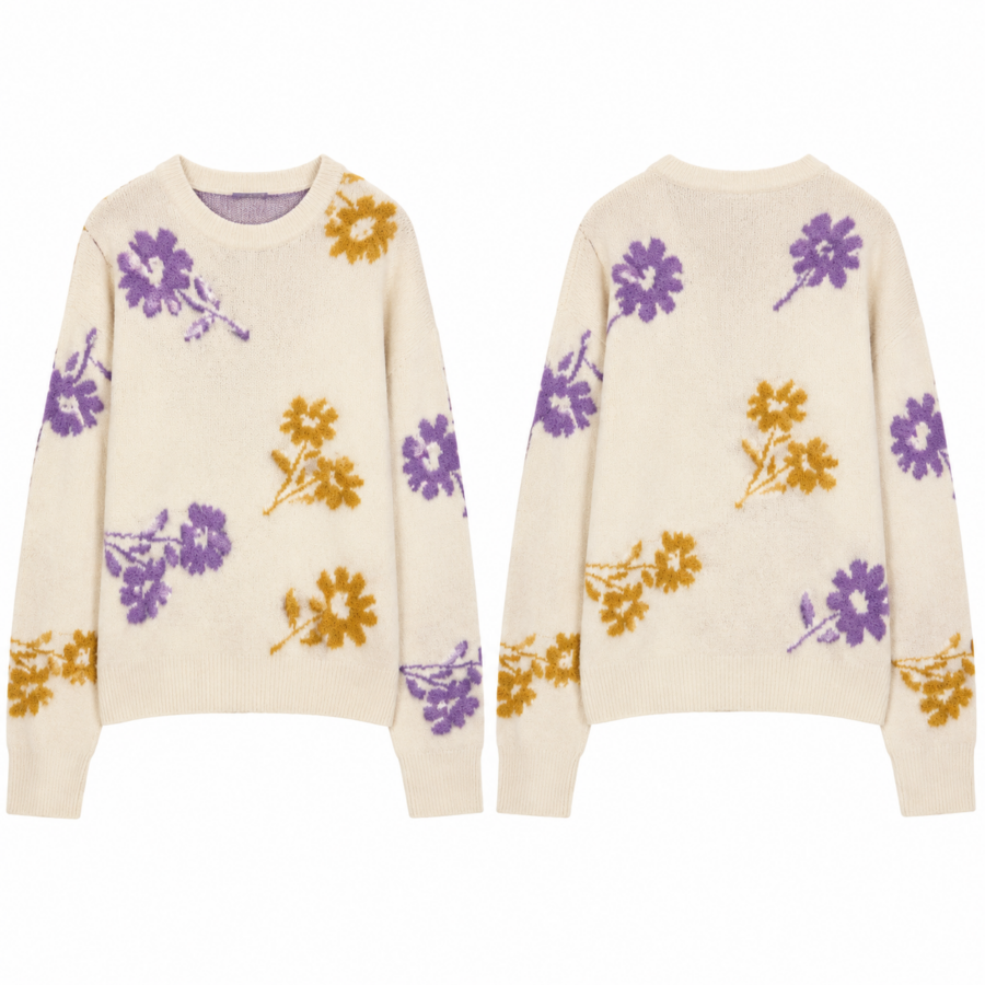 Cream Floral Intarsia Crewneck Knit Sweater