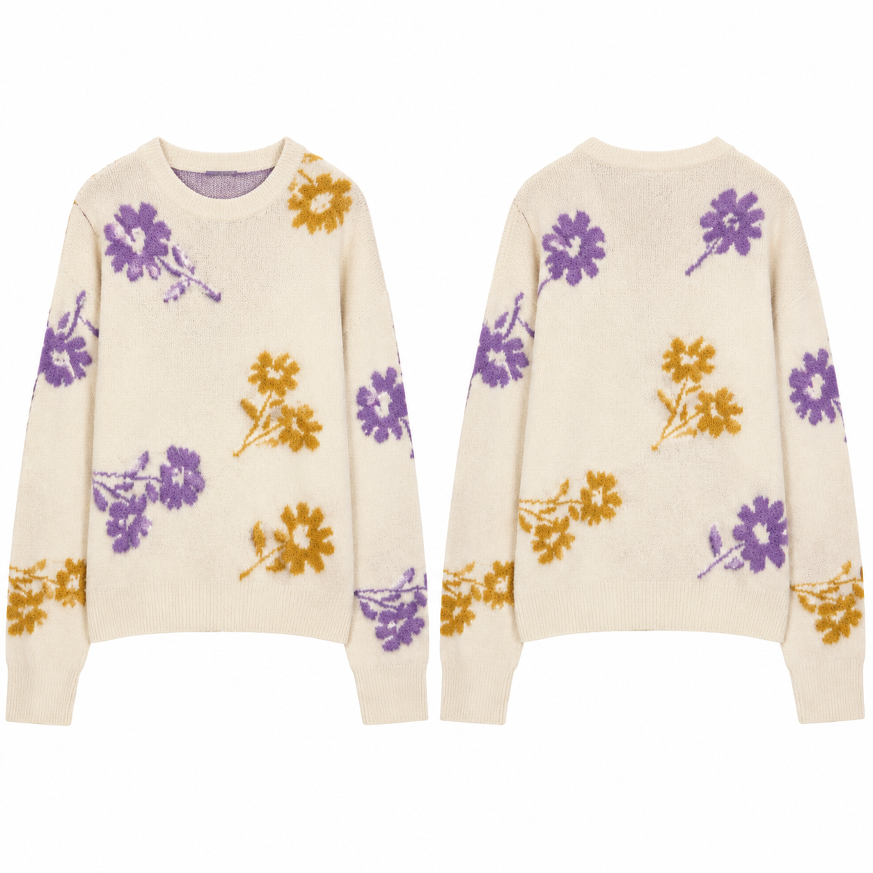 Cream Floral Intarsia Crewneck Knit Sweater