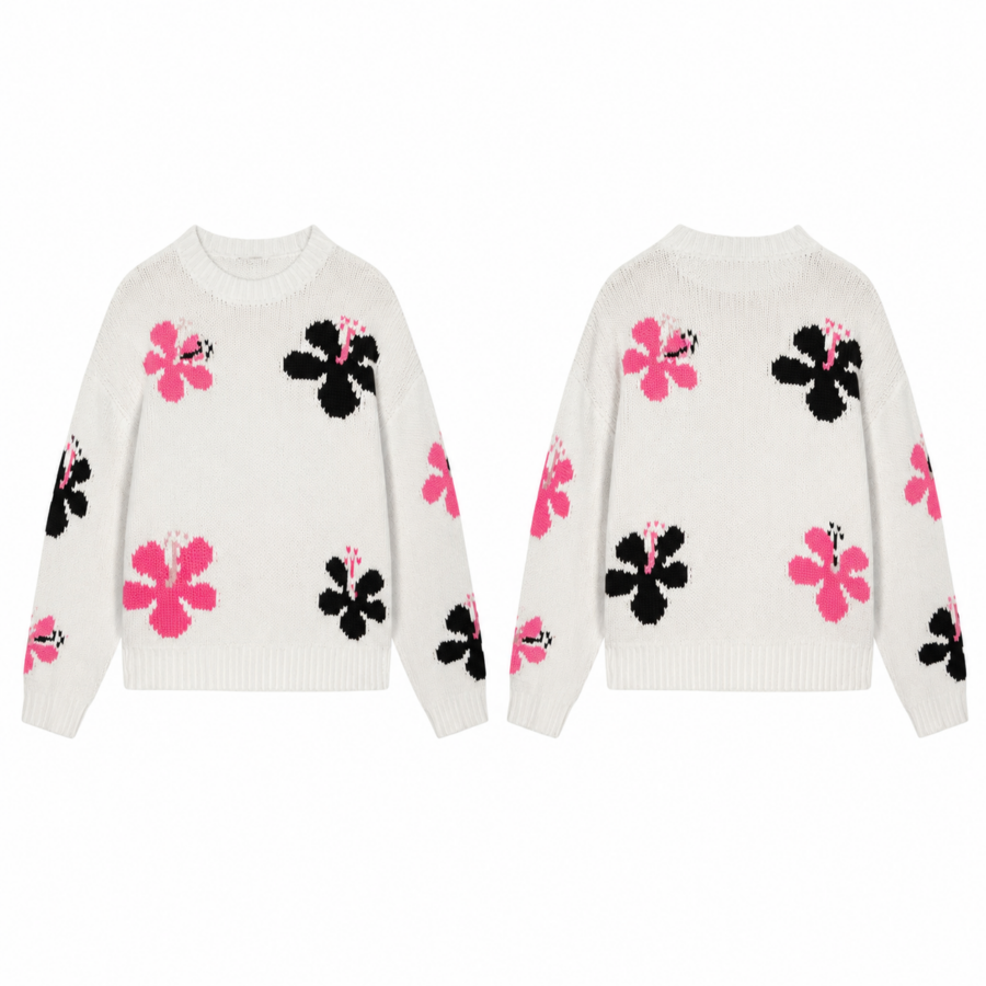 White Hibiscus Intarsia Crewneck Sweater