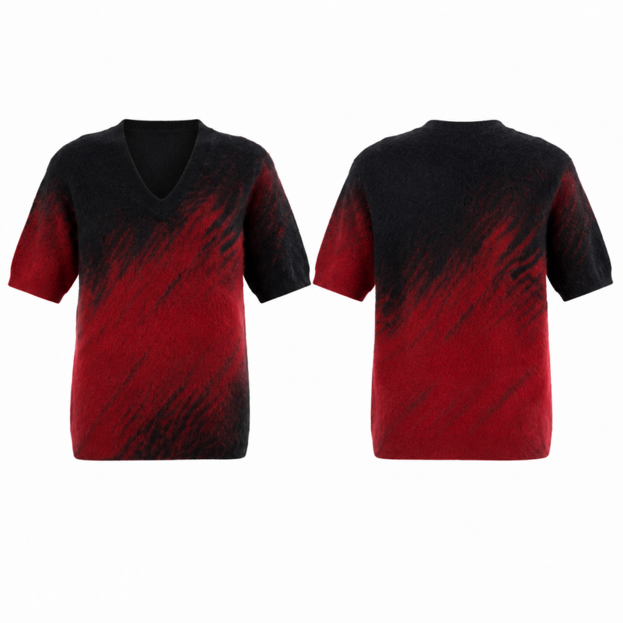 Black and Red Diagonal Ombré Fuzzy V-Neck Knit Top