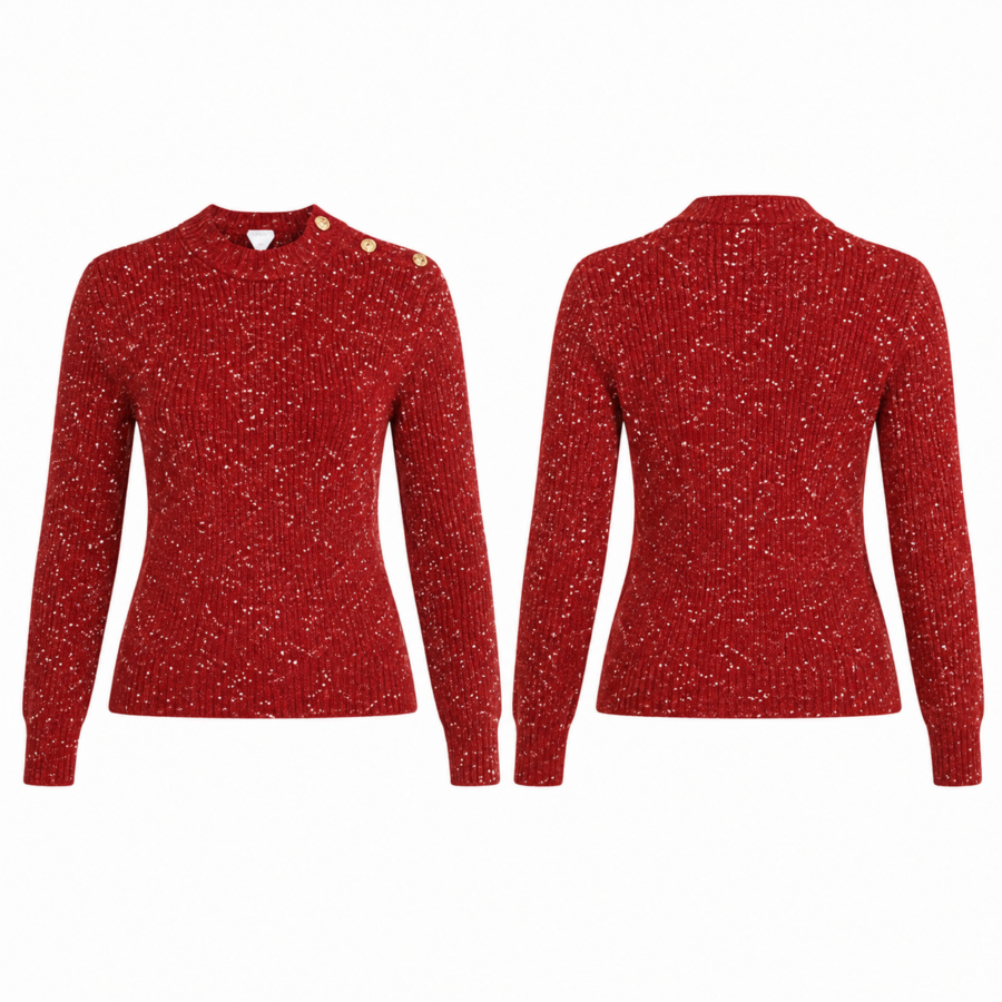 Marled Red Rib Crewneck with Gold Shoulder Buttons
