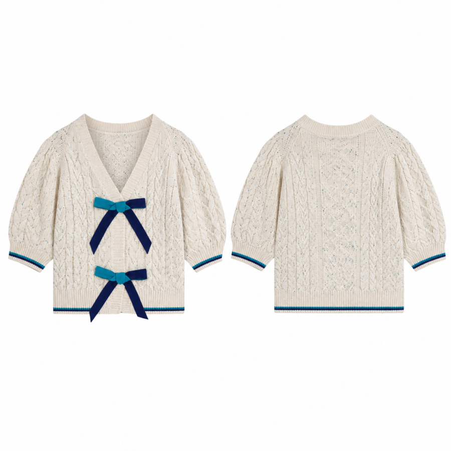 Cream Cable Cardigan with Velvet Bow Closures