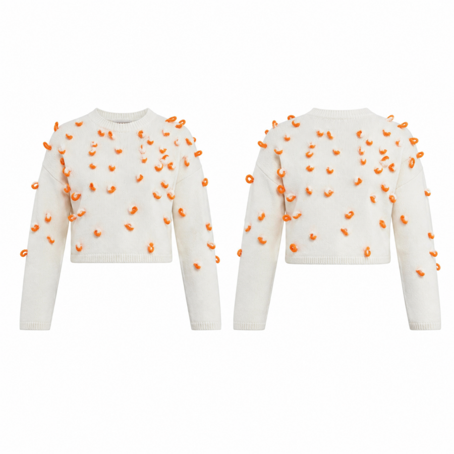 Cream Boxy Crewneck with Orange Loop Yarn Texture