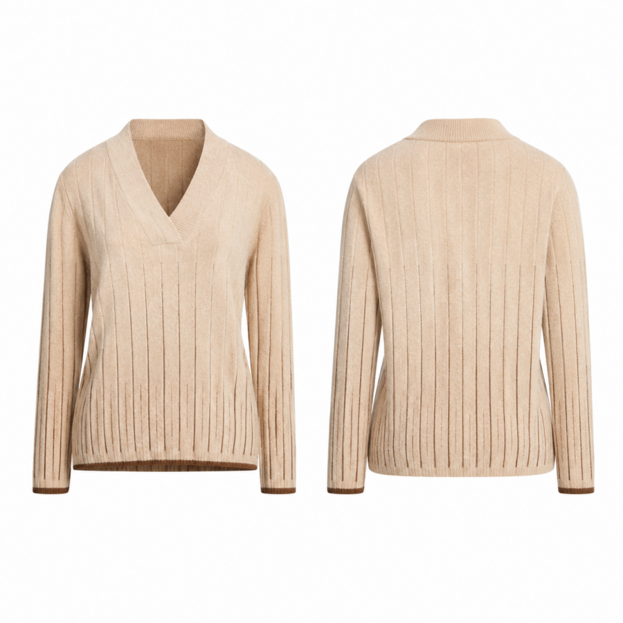 Sand Ribbed V-Neck Sweater with Dark Contrast Trim