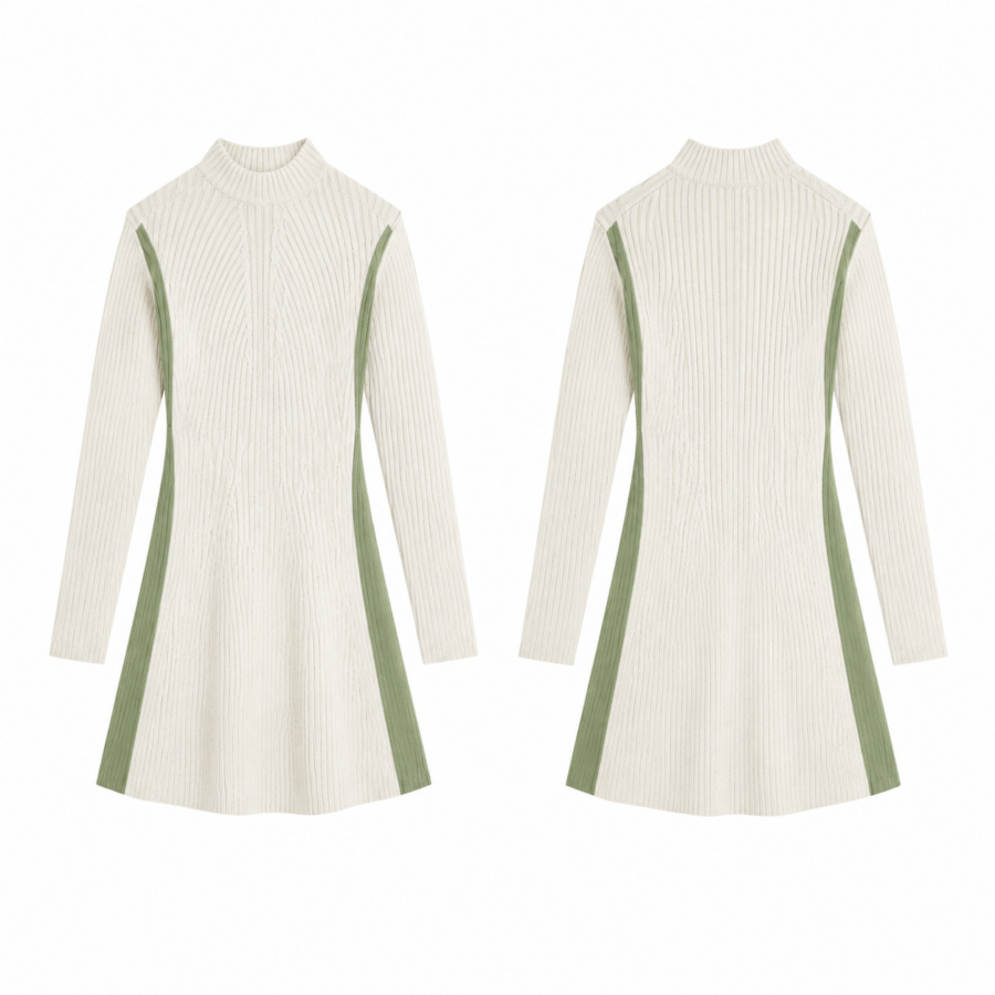 Cream Mock-Neck Rib Knit with Sage Side Panels