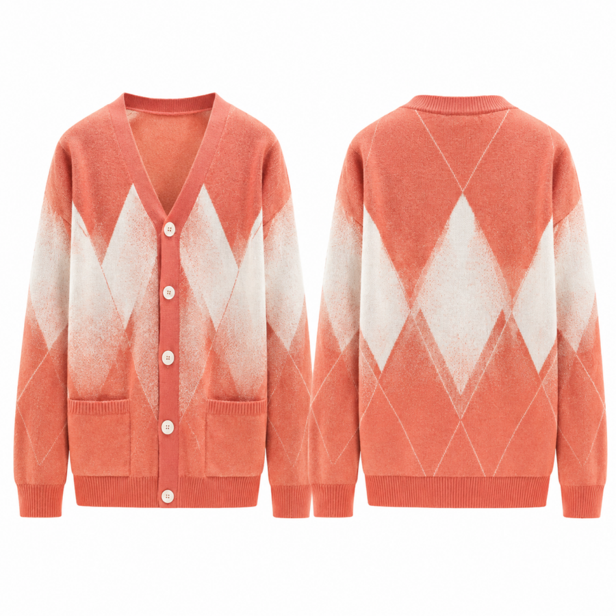 Coral Argyle Oversized Knit Cardigan