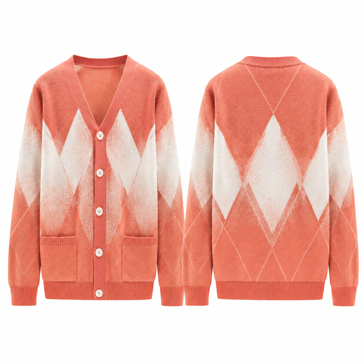 Coral Argyle Oversized Knit Cardigan