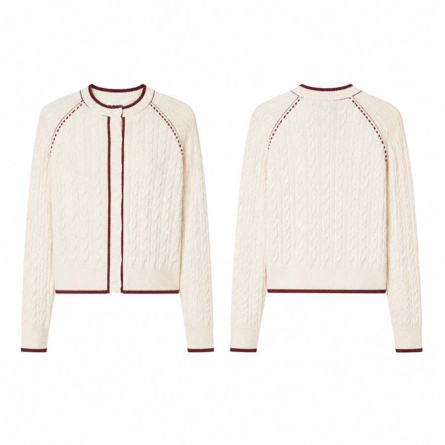 Cream Cable Cardigan with Burgundy Contrast Trim