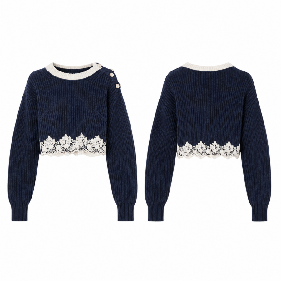 Navy Cropped Rib Sweater with Cream Lace Hem