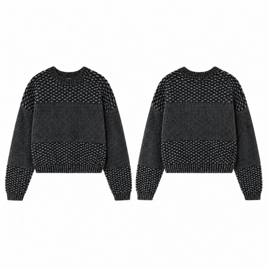 Charcoal Mixed-Stitch Bubble Knit Crewneck