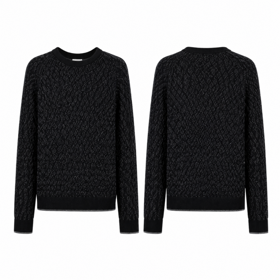 Black Silver Geometric Jacquard Crewneck Sweater