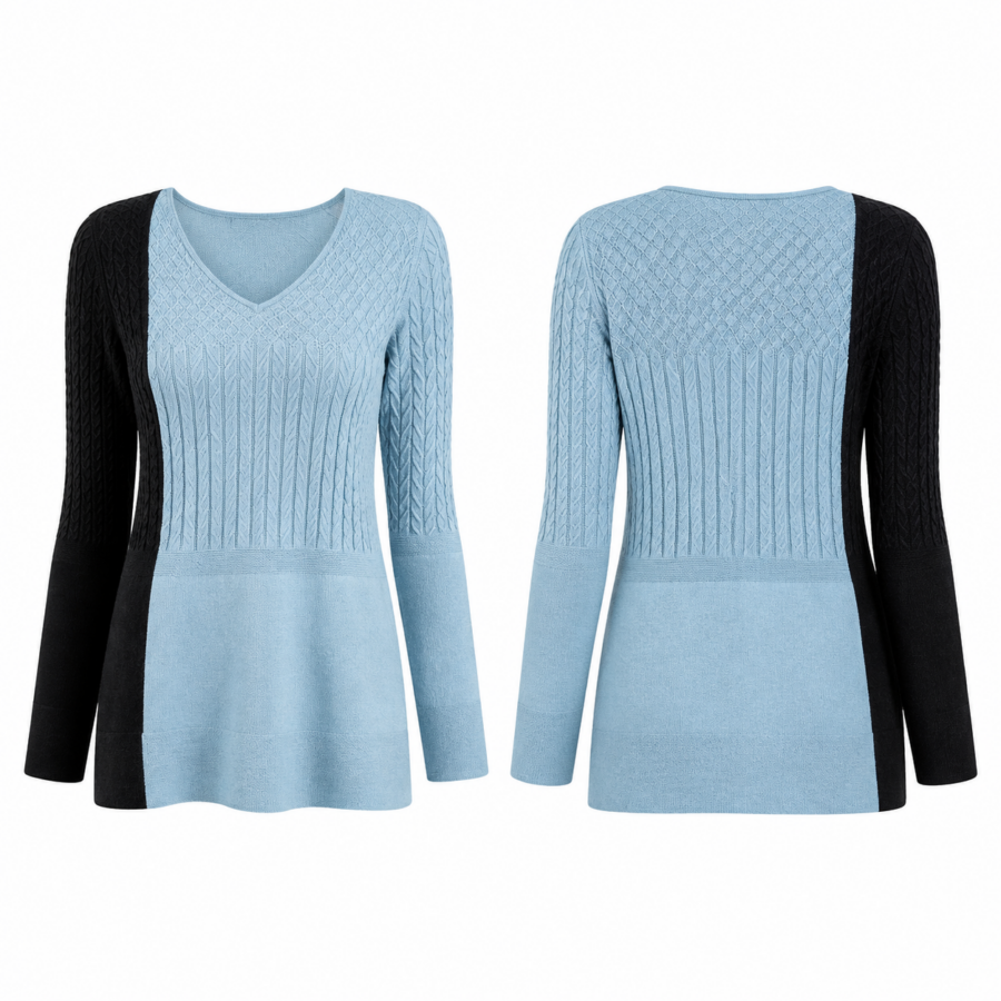 Powder Blue and Black Color-Block Texture Sweater